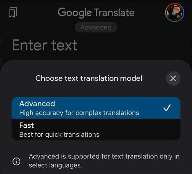Il selettore dei modelli in Google Traduttore