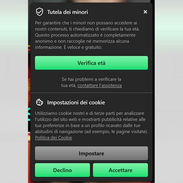 La verifica dell'età su uno dei siti porno presenti nell'elenco di AGCOM