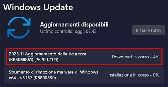 L'aggiornamento KB5068861 per Windows 11 distribuito nel Patch Tuesday di novembre 2025