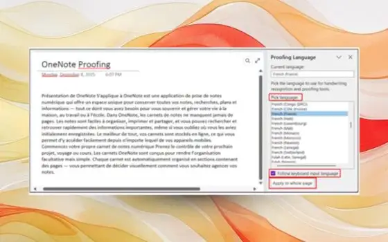 OneNote su Windows lascia scegliere la lingua di correzione