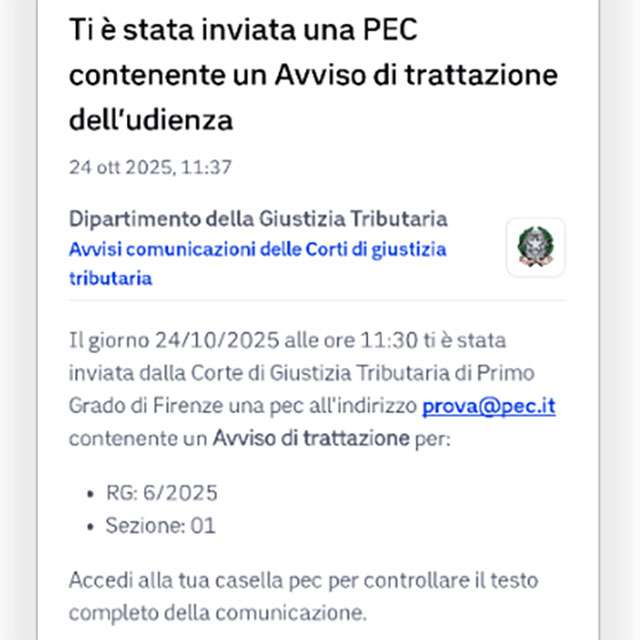 Un esempio di avviso mostrato dall'app IO e relativo alle comunicazioni della giustizia tributaria