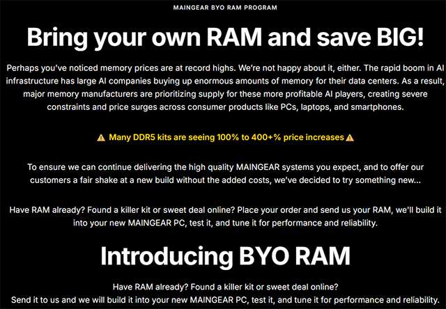 Il programma BYO (Bring Your Own) per la RAM lanciato da MAINGEAR