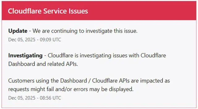 Il problema confermato dalla dashboard di Cloudflare