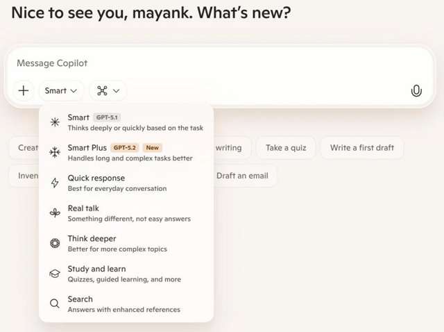 Il modello GPT-5.2 per la nuova modalità Smart Plus di Copilot