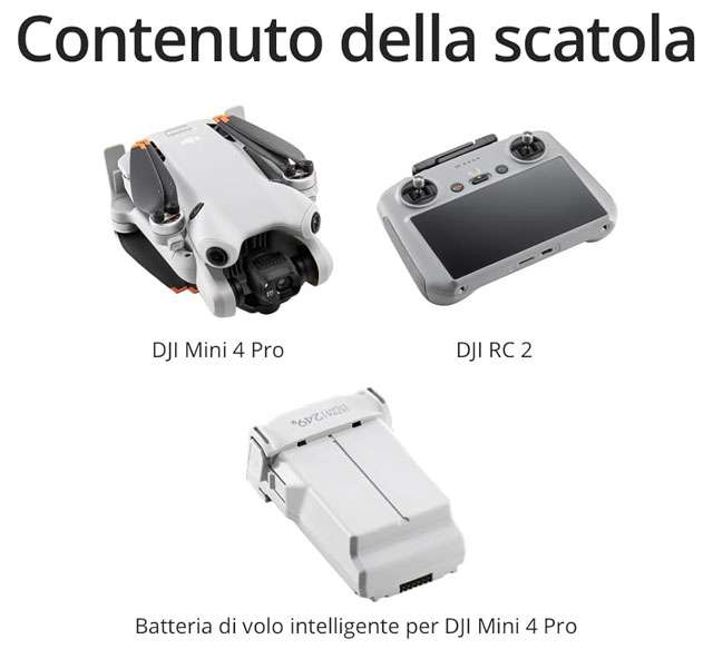 Il contenuto del bundle con DJI Mini 4 Pro e DJI RC2