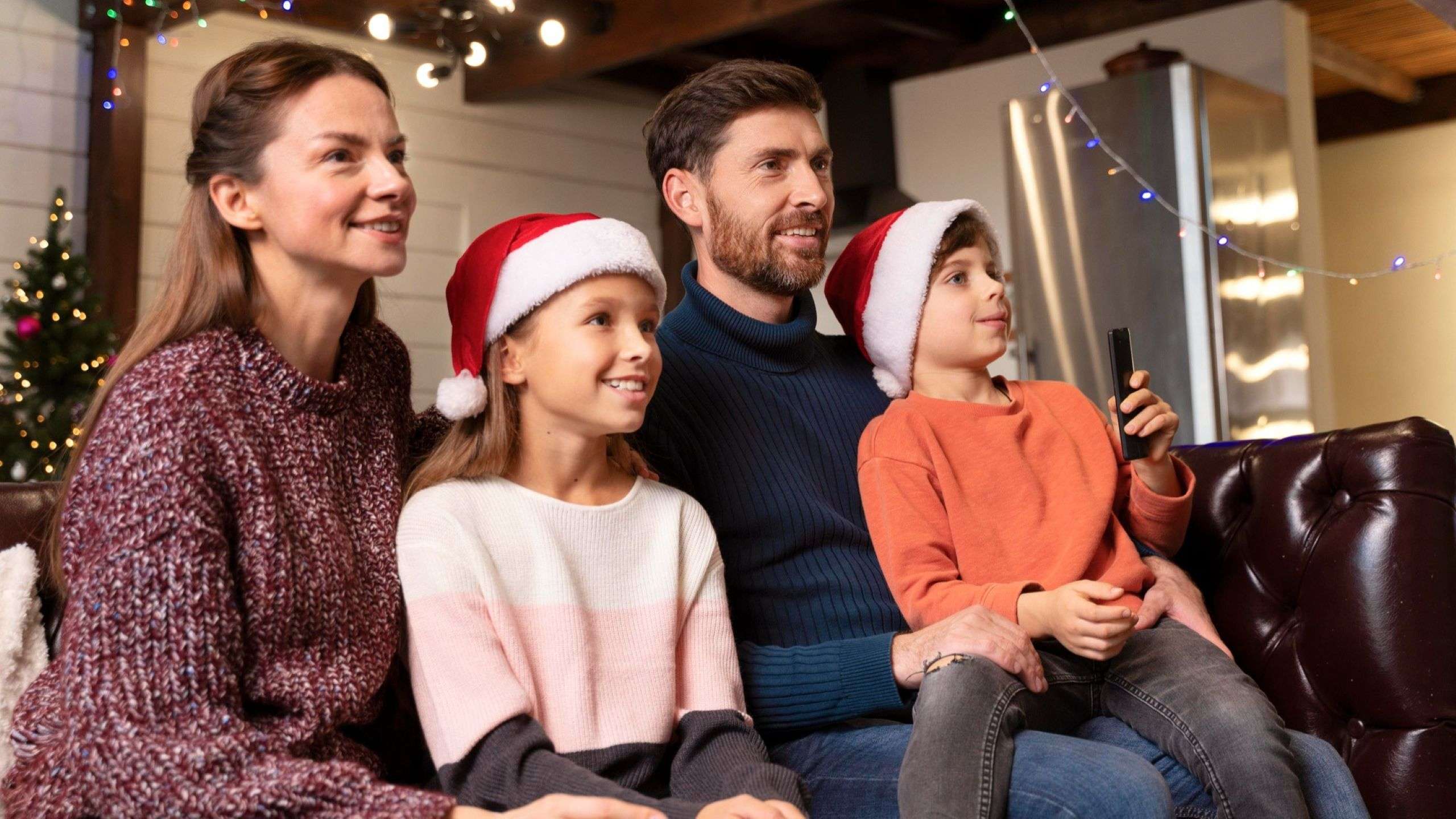 famiglia guarda televisione a natale
