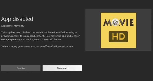 Il messaggio mostrato dalle Fire TV per le app pirata bloccate