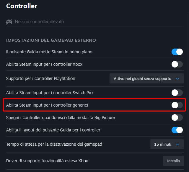 Le impostazioni di Steam relative ai controller