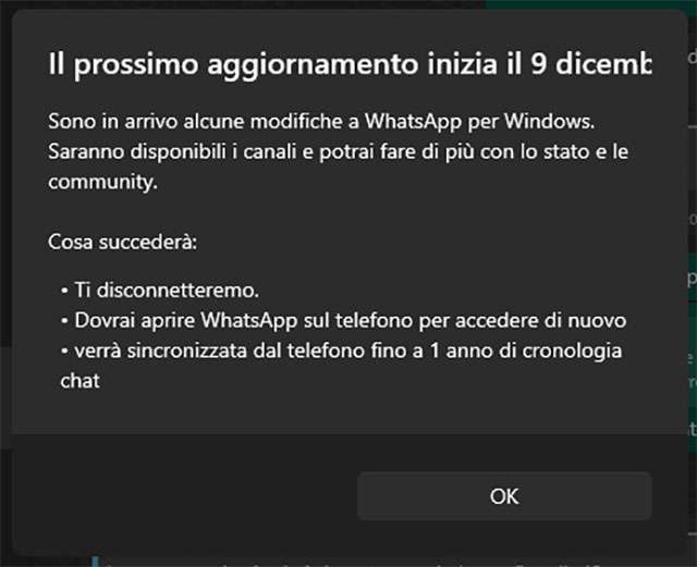Il messaggio di WhatsApp sul passaggio forzato alla nuova app desktop