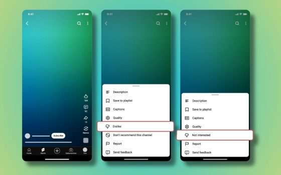 Short di YouTube, pulsante unico per i contenuti indesiderati