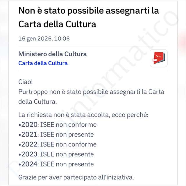 Il messaggio dell'app IO per la Carta della Cultura