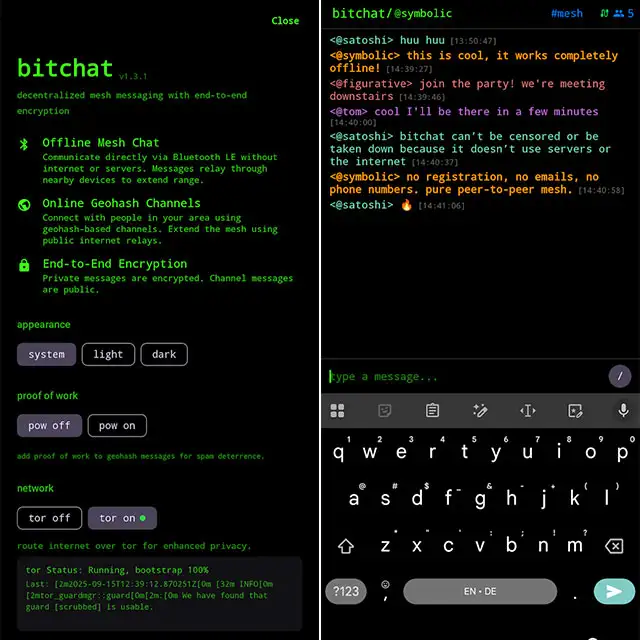 Screenshot per la versione Android di bitchat