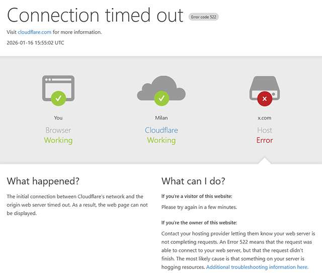 Il messaggio di errore mostrato da Cloudflare durante il down di X