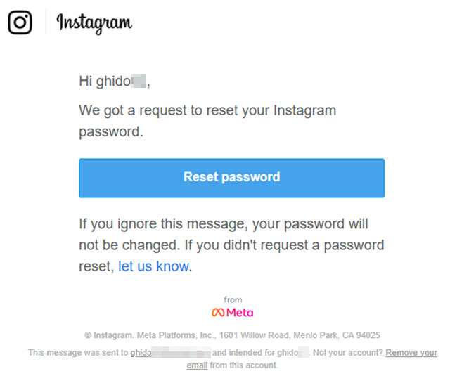 L'email per il reset della password di Instagram