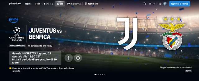juventus benfica pagina prime video