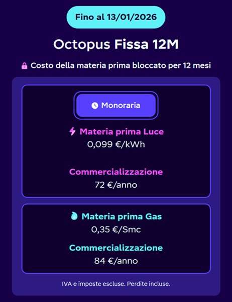 octopus fissa 12 mesi tariffe fino al 13 gennaio 2026