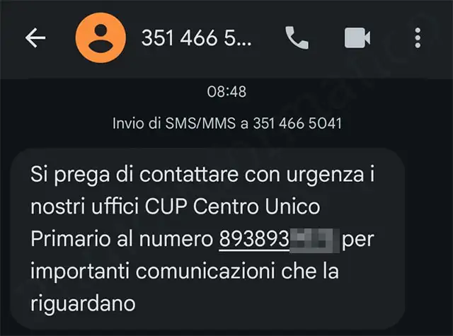 Il messaggi della truffa del Centro Unico Primario