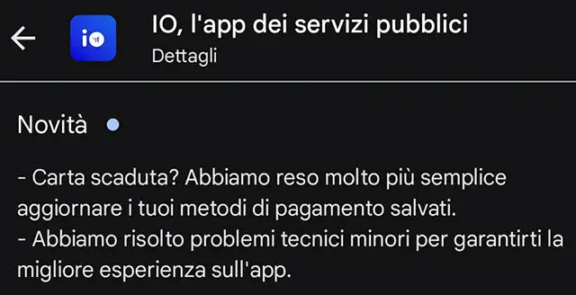 La novità segnalata nel changelog dell'app IO