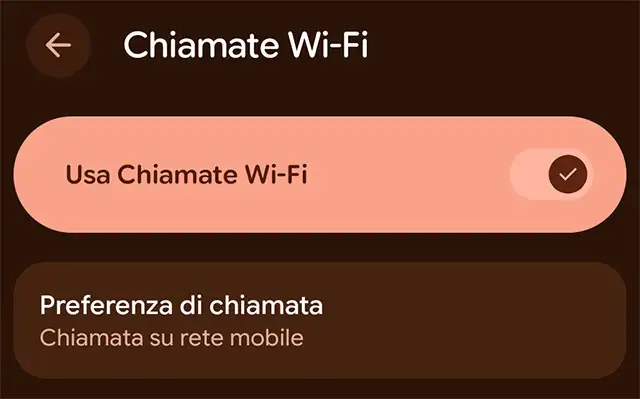 L'impostazione relativa alle Chiamate Wi-Fi su uno smartphone Android