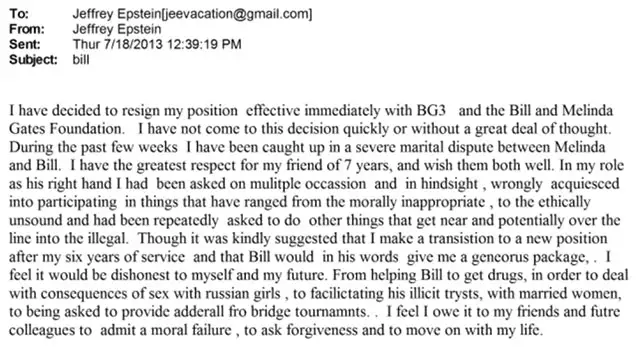 Una delle email con riferimento a Bill Gates pubblicate negli Epstein Files
