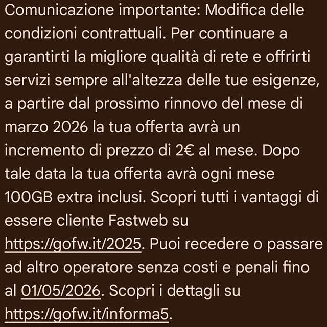 Il messaggio SMS con cui Fastweb comunica l'aumento