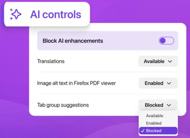 La funzionalità AI Controls di Firefox per disabilitare tutte le caratteristiche AI del browser