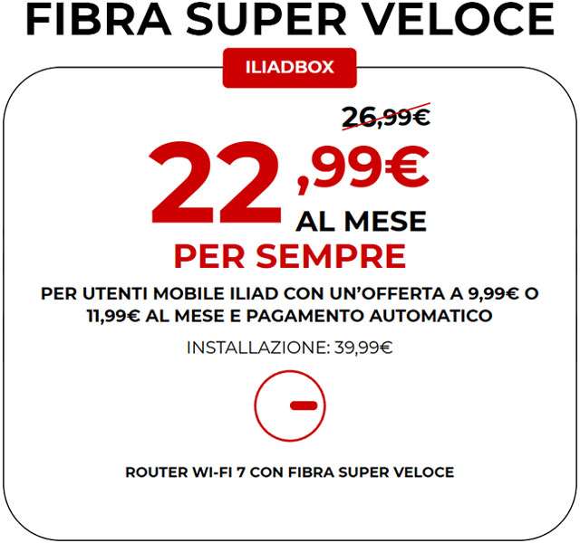 La fibra super veloce di iliad a 22,99 euro/mese per sempre