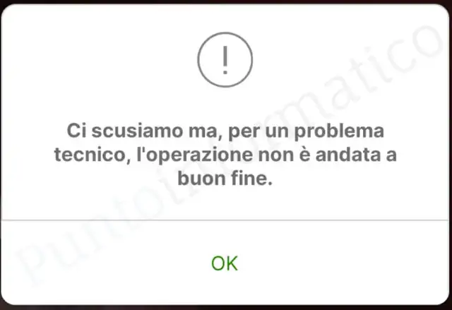 Il messaggio mostrato dall'app di Intesa Sanpaolo provando a effettuare un pagamento