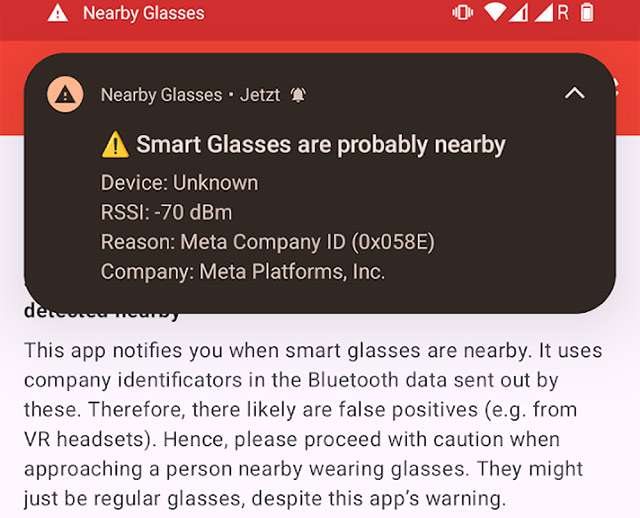 L'avviso mostrato dall'applicazione Nearby Glasses
