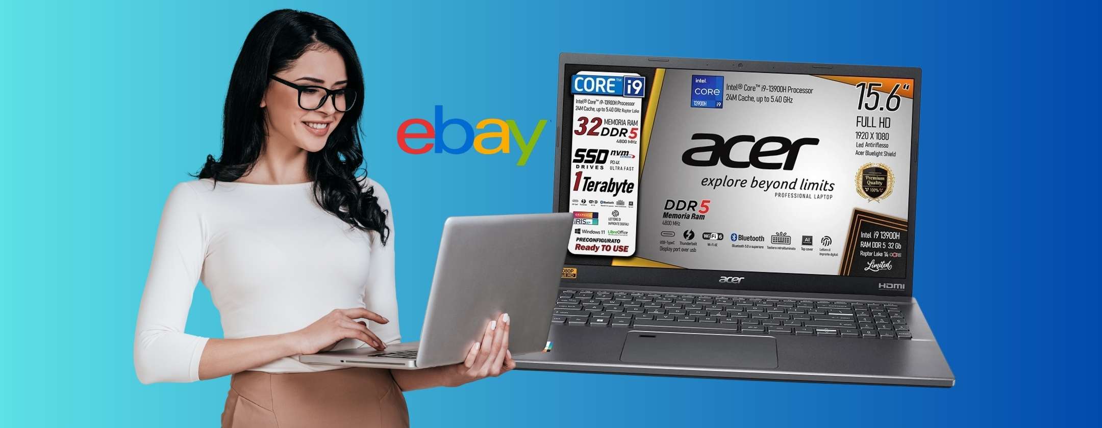 Portatile Acer Aspire da 15,6″ con Intel Core i9, 32GB RAM e 1TB SSD