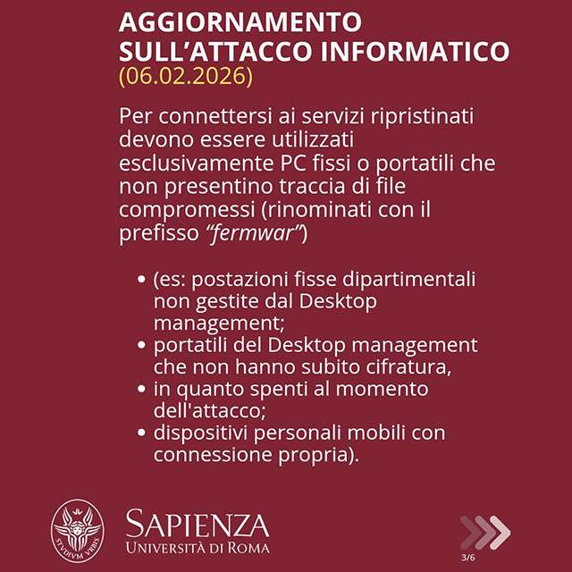 L'avviso su Facebook della Sapienza sul ripristino dei sistemi