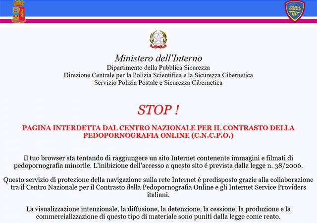 Un sito chiuso per pedopornografia, linkato nel documento AGCOM