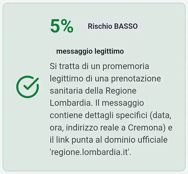 Ultimo test per VerificaTruffa, questa volta con un messaggio legittimo