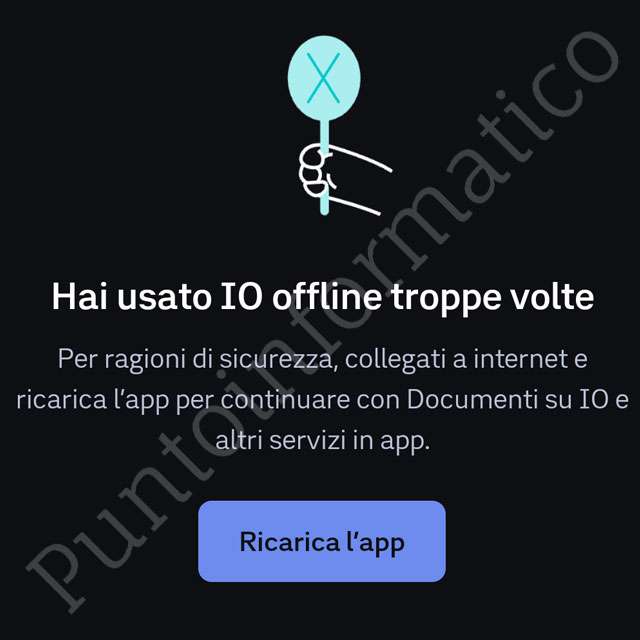 Un altro messaggio di errore mostrato dall'app IO durante il down