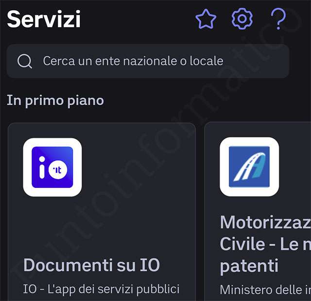 La stellina per inserire i servizi nell'elenco dei preferiti