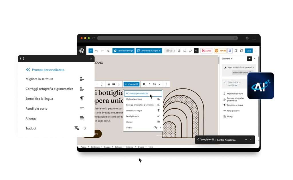 Gestione contenuti sito WordPress con AI Site Assistant Register.it