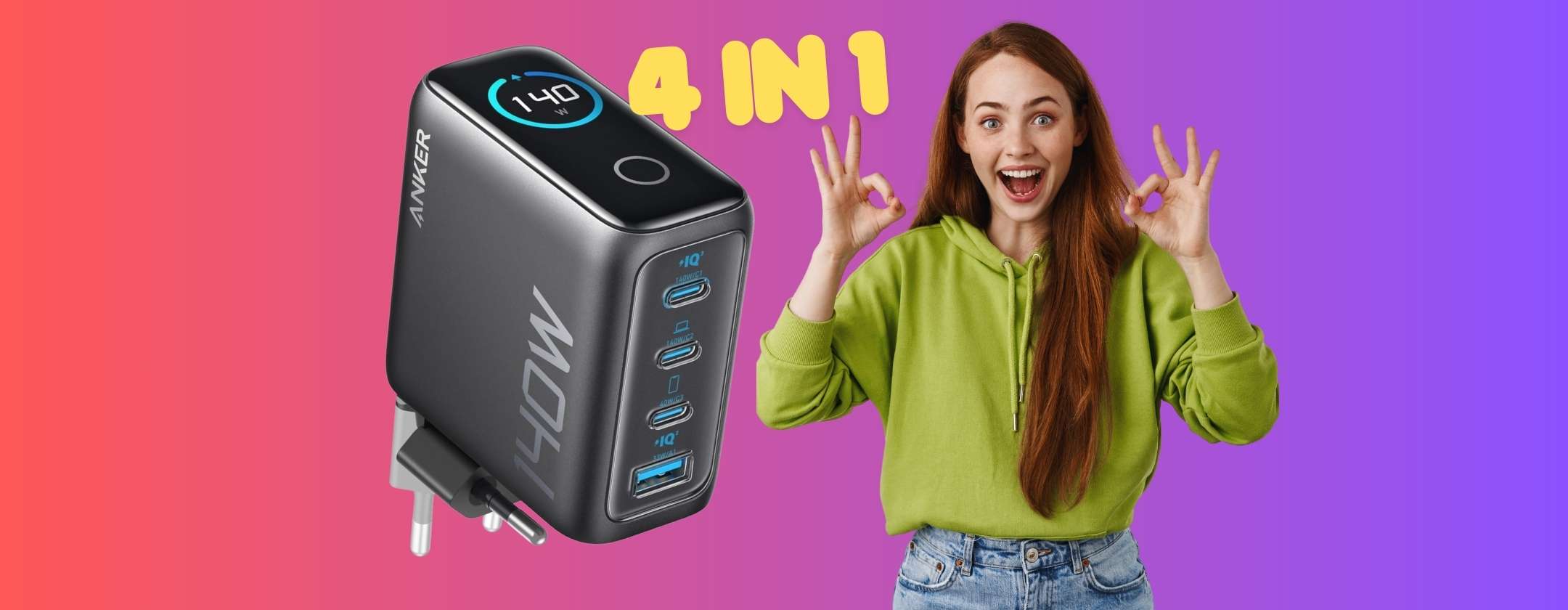 Caricatore USB da 140W con 4 porte velocissime per ricaricare di tutto