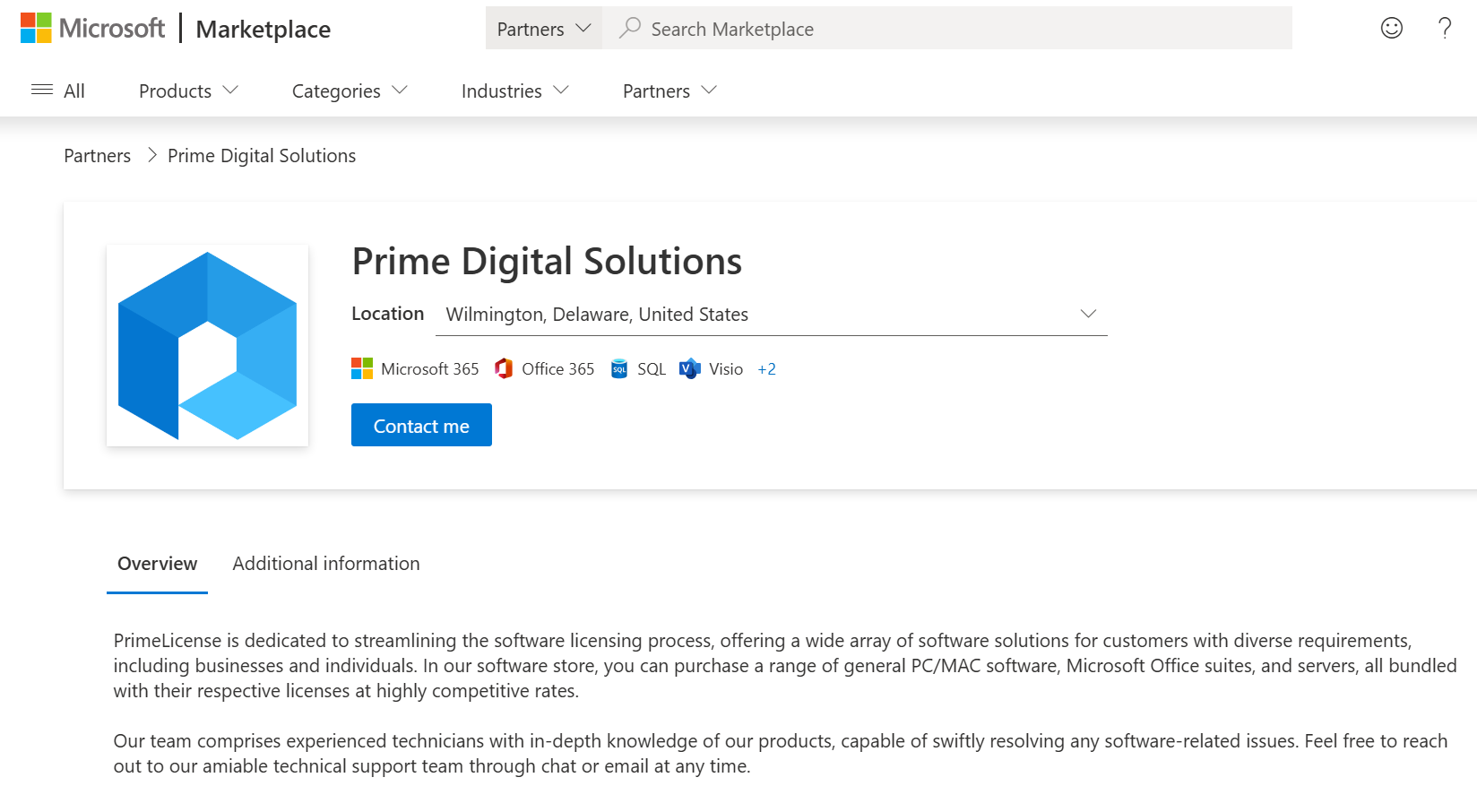 Pagina Microsoft Marketplace che mostra Prime Digital Solutions come partner certificato Microsoft con competenze su Microsoft 365, Office 365, SQL e Visio