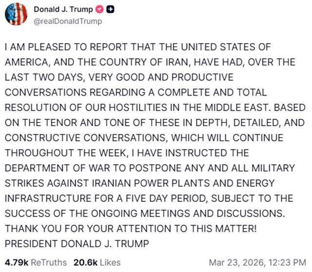 Il post di Trump su Truth che annuncia la tregua della guerra in Iran