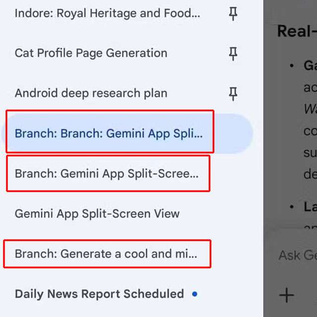 Le chat ramificate create da Gemini