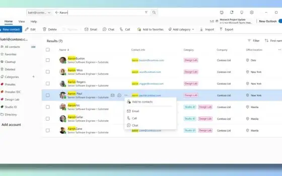 Nuovo Outlook con ricerca istantanea dei contatti e azioni rapide