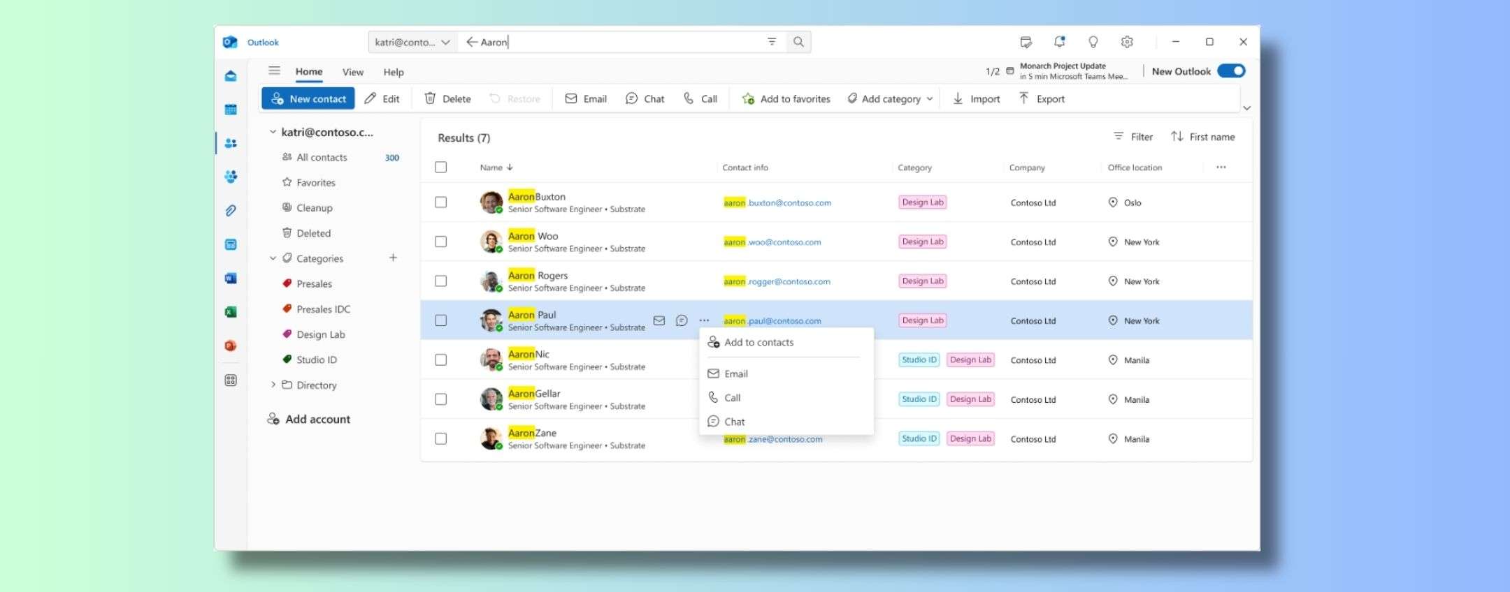 Nuova gestione dei contatti su Outlook