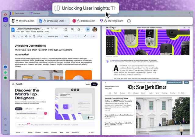 Lo Split Screen di Opera One supporta quattro schede in contemporanea