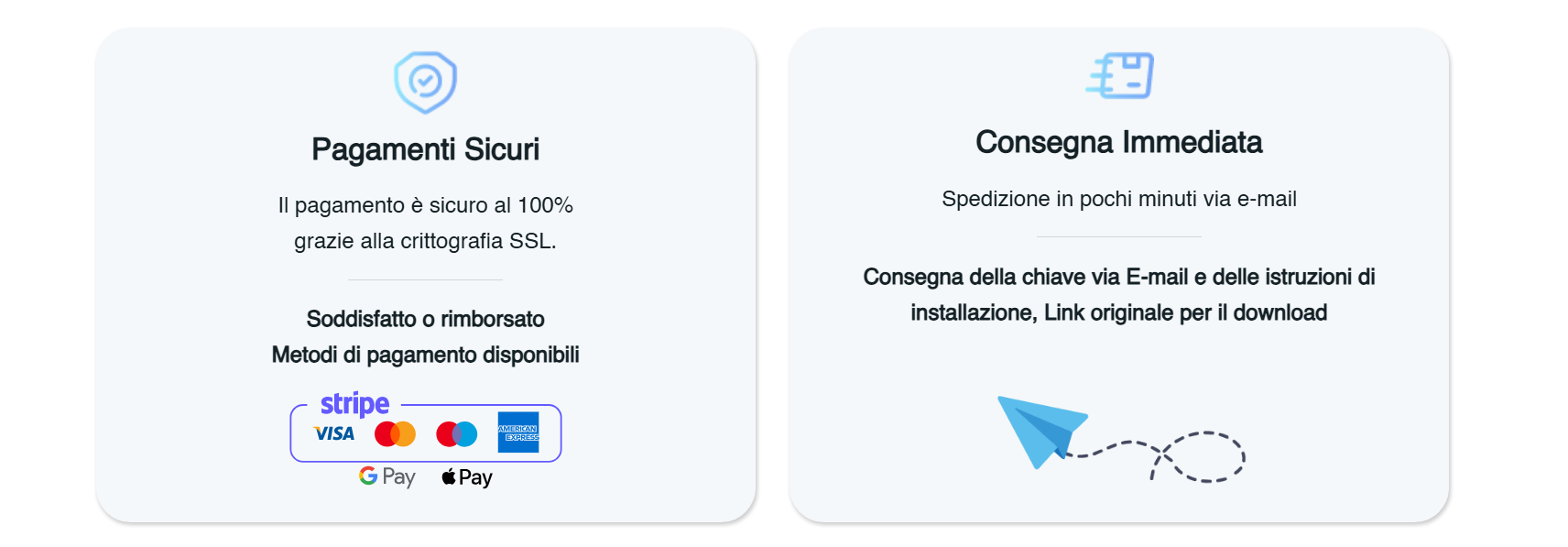 Metodi di pagamento sicuri accettati: Stripe, Visa, Mastercard, American Express, Google Pay e Apple Pay con crittografia SSL e consegna digitale immediata