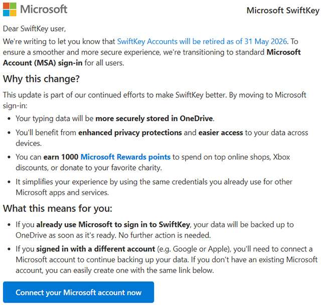 L'email di SwiftKey che vuole obbligarmi a utilizzare un account Microsoft