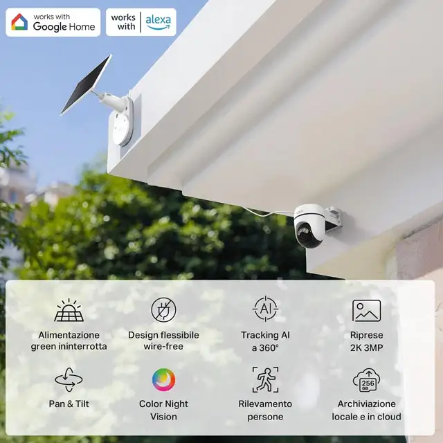 Le caratteristiche della videocamera Tapo C610 in kit con il pannello per l'alimentazione
