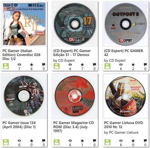 Alcuni dei CD demo con i giochi pubblicati da Internet Archive nella sezione dedicata a PC Gamer