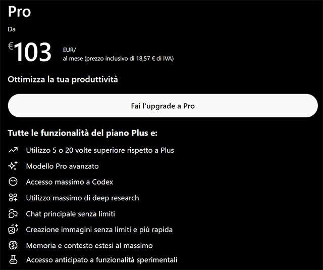 Il nuovo piano di abbonamento Pro da 103 euro a ChatGPT