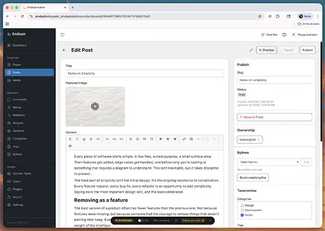 L'interfaccia di EmDash