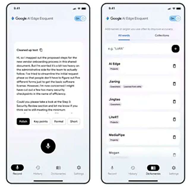 Screenshot per l'applicazione Google AI Edge Eloquent
